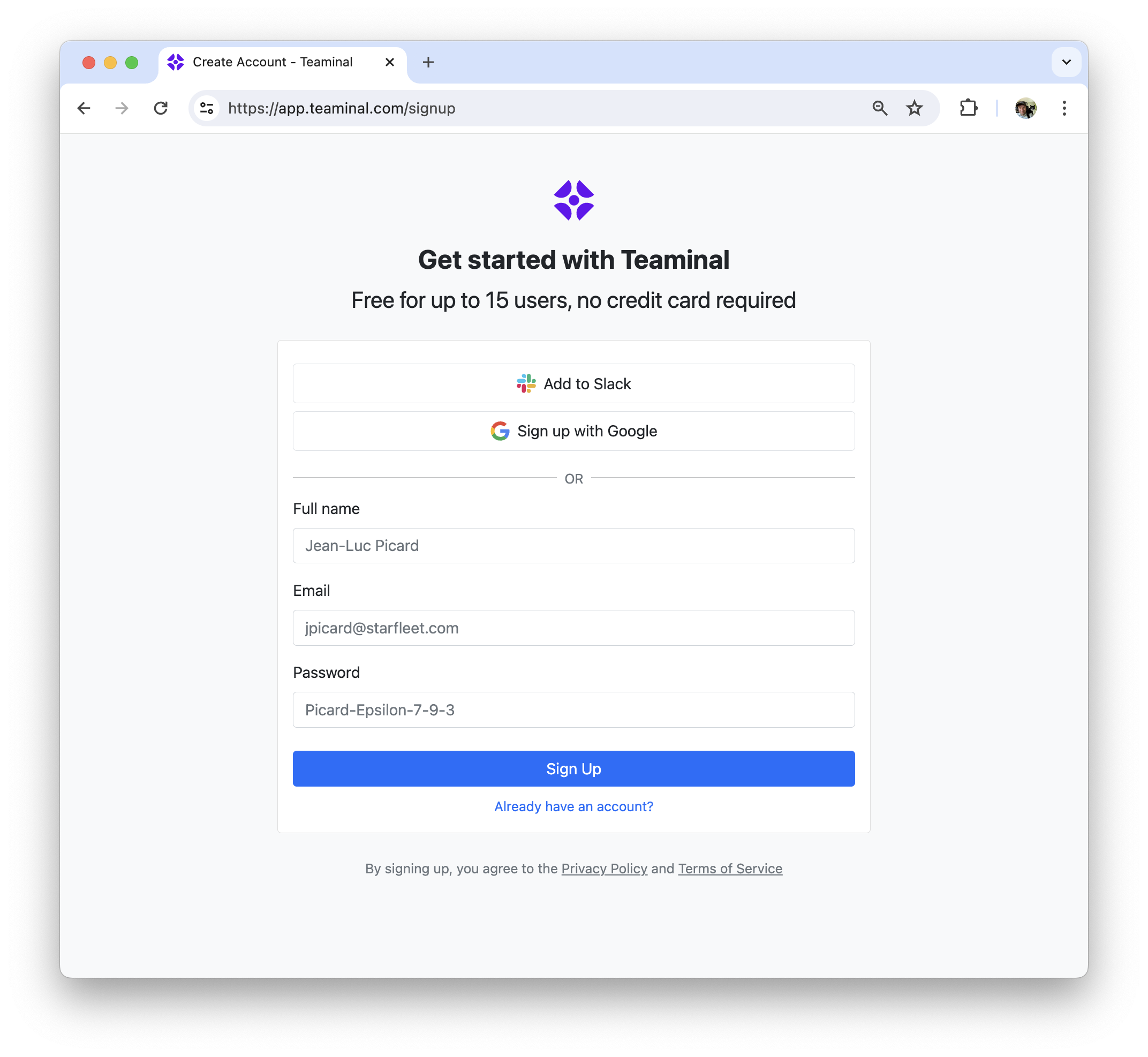 screenshot of signup page